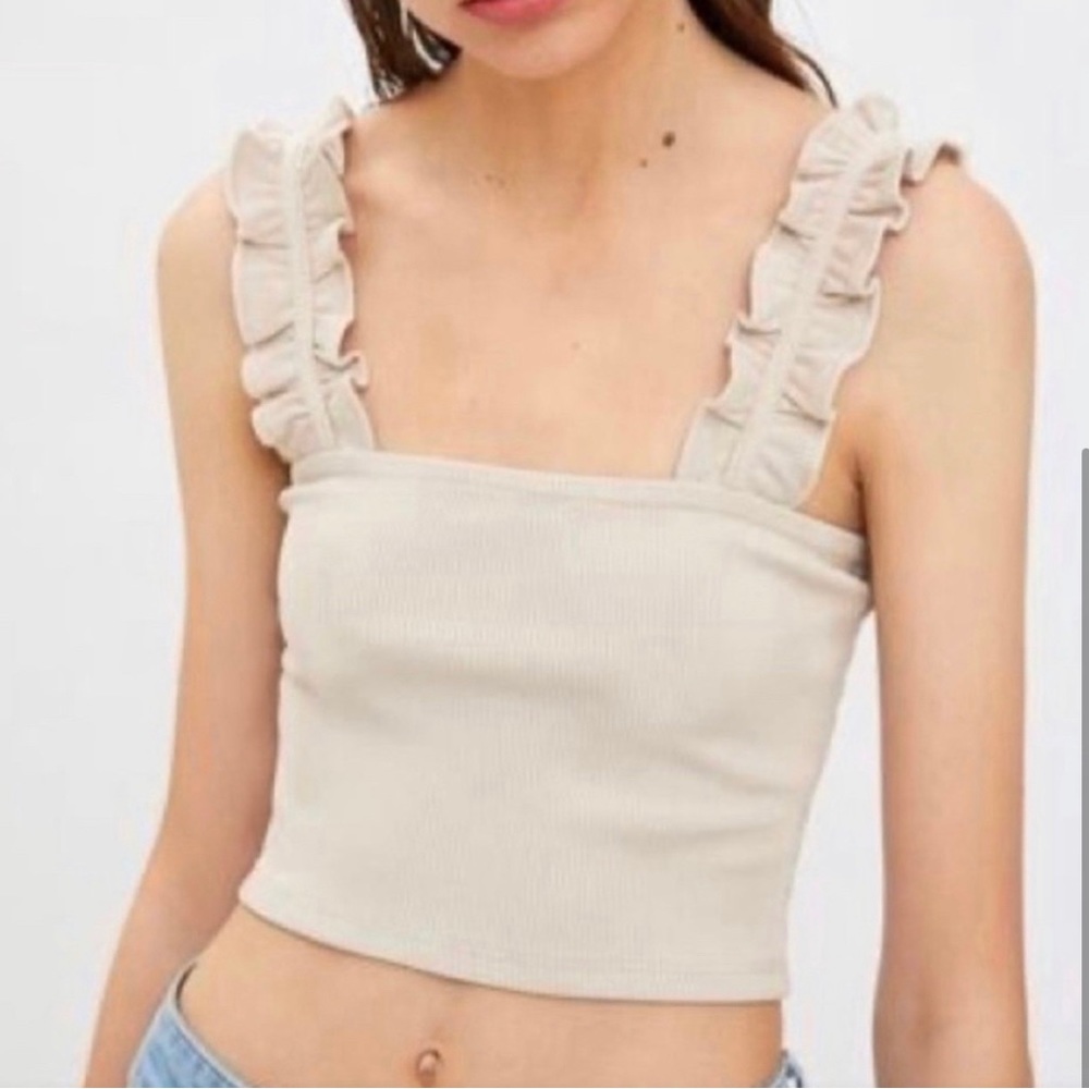 Zara coral ruffle strap ribbed crop tank top S
